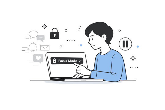 Distraction blocking tools. Person activating focus mode on a laptop, distracting notifications fading away from the screen. Calm concentration with subtle