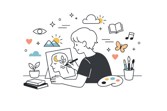 Art as a form of personal identity. A calm editorial scene of a person creating art that reflects their inner self, quiet self-expression and individuality,