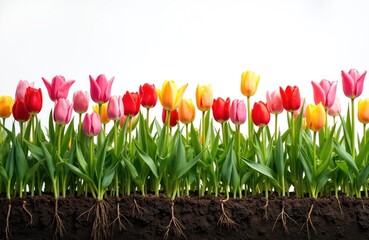 Naklejka premium Colorful spring tulips grow from dark soil showing roots. Variety of red pink yellow blooms on green stems against white background. Floral nature background for spring season.