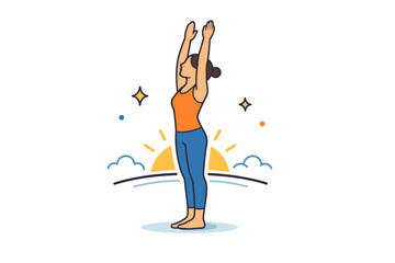 Naklejka premium Yoga stretching for morning balance focused on a calm standing pose with raised arms and gentle sun elements, expressing awakening, flexibility, and a mindful