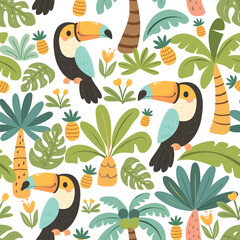Vibrant and dense seamless pattern featuring cartoon toucans amidst a colorful jungle of tropical leaves and exotic flowers on a white background © Kseniya