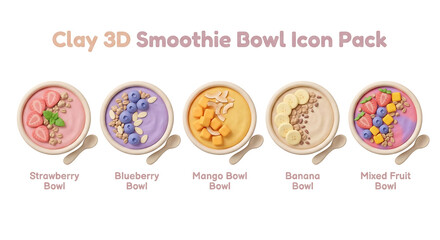 Clay 3D Smoothie Bowl Icon Pack - A Whimsical Collection of Deliciously Crafted Fruit Bowls