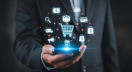Obraz premium Hand Holding Tablet with Digital Shopping and E-commerce Hologram Icons