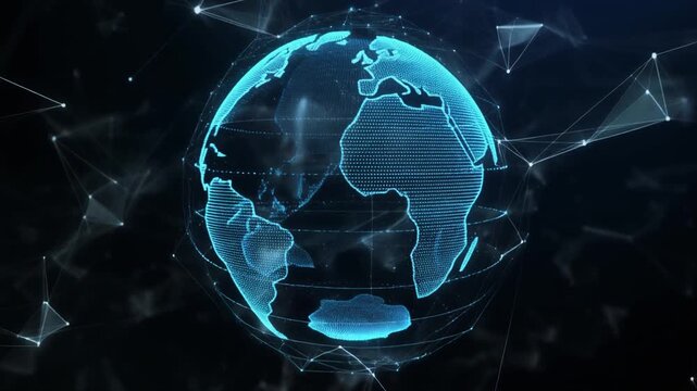 Globe shows global network connections in dark environment with floating holographic effect.