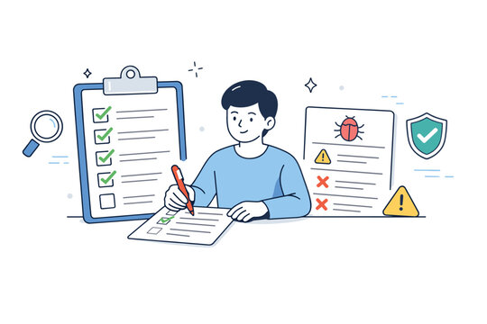 Testing & quality assurance. A QA specialist reviewing a large checklist and bug report card, marking items as complete with a calm and methodical attitude.