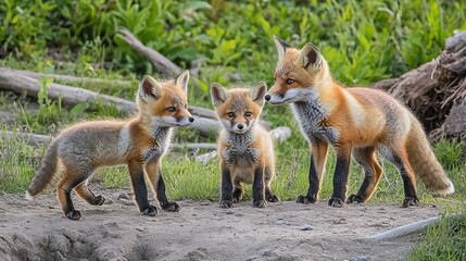Fototapeta premium Charming red fox family featuring one adult and two playful cubs in a picturesque outdoor setting