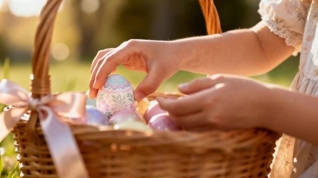 Spotting patterned egg, child picking up, turning and viewing, lowering on grass, lace, basket bow