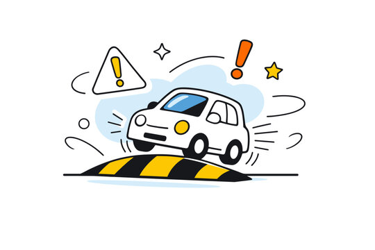Road Safety Notice. Minimal sign showing a speed bump icon, with abstract braking lines around a small car. Informative and friendly atmosphere emphasizing