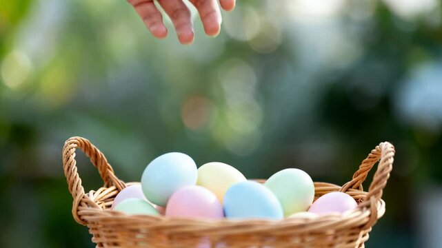 Reaching bare hand lowering pastel eggs into woven wicker basket in garden, creating soft bokeh