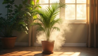 Fototapeta premium Potted palm plant indoors emits steam from soil. Sunlight streams through window, illuminating mist. Greenery thrives in humid home environment. Healthy flora.
