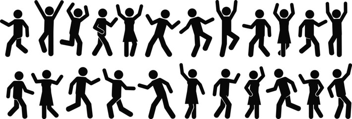 Stick figure people dancing and celebrating silhouettes set, joyful movement activity icons vector illustration collection