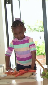 Vertical video: Adult handing peeler, child peeling carrots at kitchen island, preparing salad