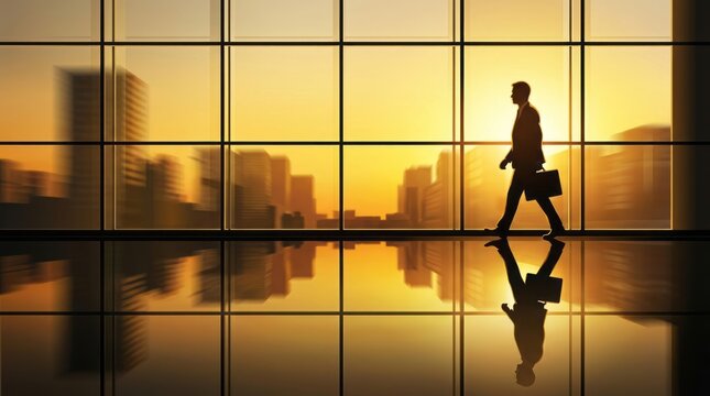 Businessman walking through modern office with city skyline view at sunset
