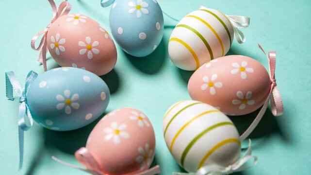 Shifting camera slowly revealing eight pastel eggs on teal mat, highlighting daisies and ribbons