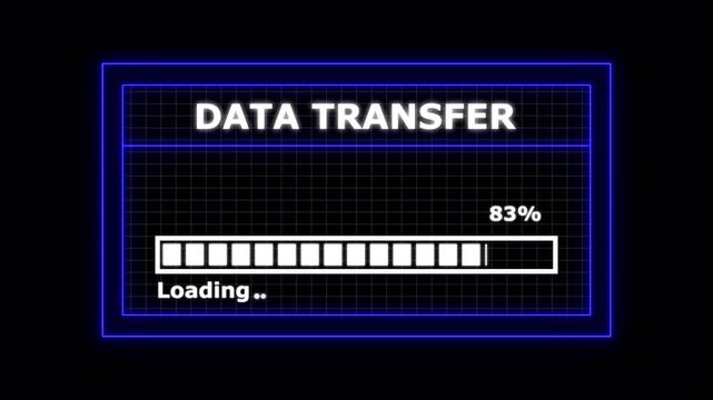 Futuristic digital loading bar and data transfer advances with glowing grid background. Technology digital data transfer concept.