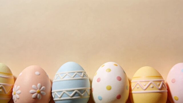 Pulling back camera revealing row of six pastel decorated eggs on tabletop to show patterns