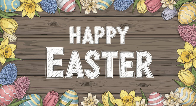 Happy easter greeting on dark wood background with spring flowers