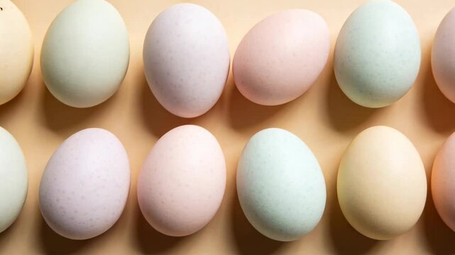 Panning camera revealing pastel egg grid shifting right on peach surface, centering composition