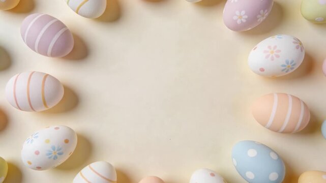 Zooming top-down camera drifting clockwise inward, revealing pastel eggs on beige surface for text