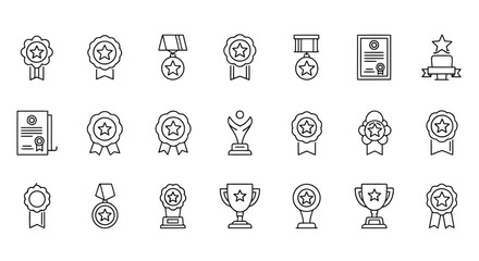 Collection of various achievement and award icons in a minimalist line art style