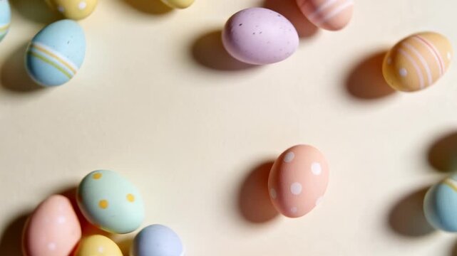 Nudging pastel eggs tumbling and scattering across cream surface, forming loose clusters