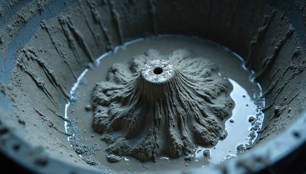 Wet concrete swirls in cement mixer forming mountain shape with hole. Construction material mixes with water. Industrial background with copy space for text.