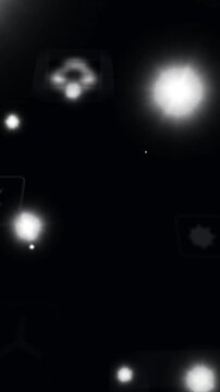 Vertical video: Frames moving sending neon icons into grid, centering car and recycle, showing UI