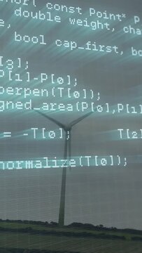 Wind gusting pushing turbine blades rotating while code overlay scrolling, showing network tech