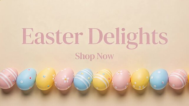 Animating centered promo layout on loop start, drifting pastel Easter eggs highlighting Shop Now