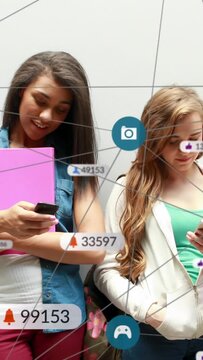 Students tapping phones and holding pink folder, spawning social media icons and growing audience