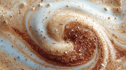 Cappuccino foam and milk mixing into rich coffee background
