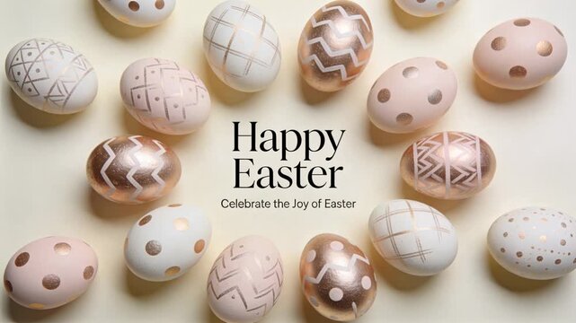 Zooming camera revealing metallic egg ring on cream tabletop, highlighting Happy Easter message