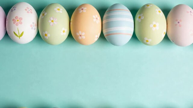 Zooming camera bringing double-row pastel Easter eggs closer on mint backdrop, revealing motifs