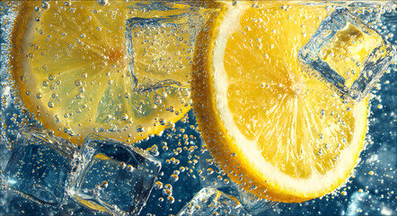 A glass carbonated beverage with bubbles contains a sparkling water macro shot that contains fresh lemon slices and ice cubes. It is a refreshing summer drink concept with a background of cold citrus 