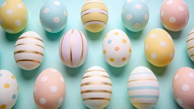 Shifting camera slowly zooming on mint table, showing pastel eggs with gold accents for display