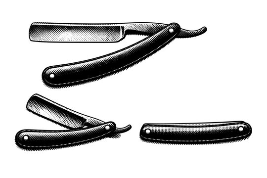 Straight razor depicted as a single object in three views: open side view, partially folded position, and closed form, focusing on the thin blade and pivoting
