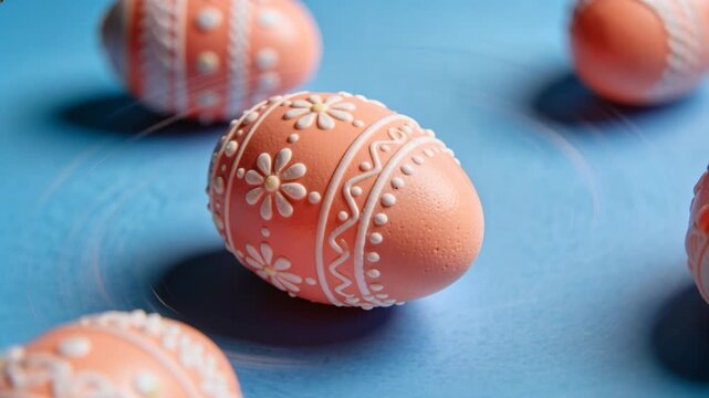 Rotating peach-pink egg revealing white piping on blue table as camera tightens, with motion rings