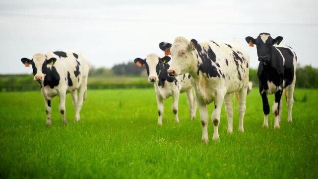 Herd of cows grazing on lush green pasture in Northern Ireland countryside with rolling hills and cloudy sky &ndash; peaceful rural farming landscape and livestock agriculture scene cinematic 4K.