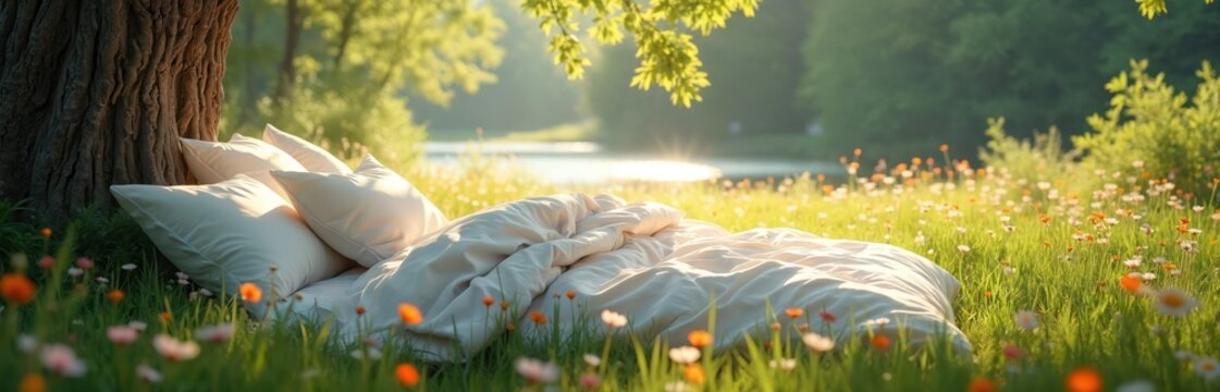 Unmade bed with pillows and duvet rests on green grass among wildflowers. Soft sunlight filters through tree leaves onto a peaceful natural landscape with a calm lake background.