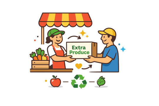 Farmers market surplus redistribution a simple market stall with a box marked Extra Produce being handed to a smiling community member. A concise editorial