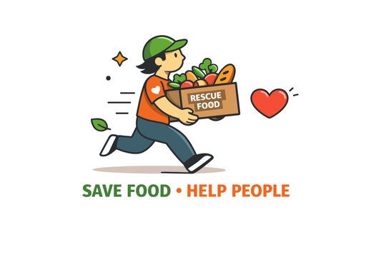 Food rescue volunteer action a delivery box filled with rescued bread and vegetables carried toward a small heart symbol, expressing urgency and compassion. A