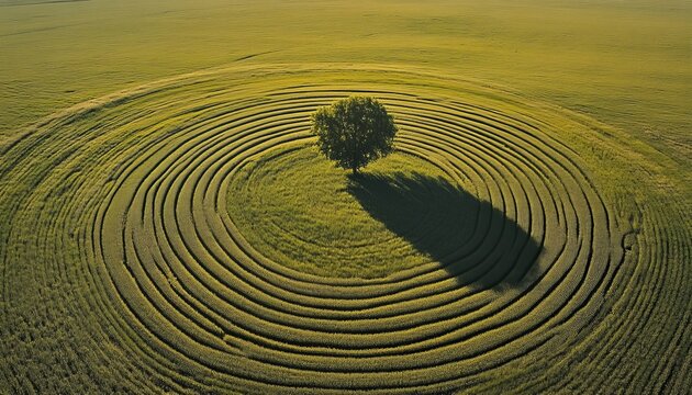 A Serene Landscape Featuring a Solitary Tree Amidst Enigmatic Crop Circles in Golden Fields