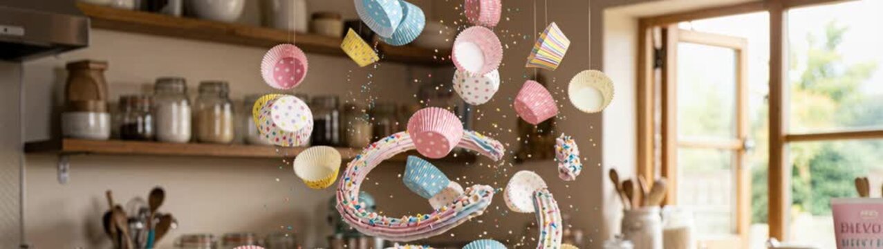 Baking Fun And Celebration Concept Cupcake Liners and Sprinkles Falling in Slow Motion Kitchen Background Party.