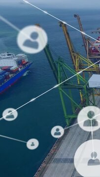 Vertical video: 3 cranes staying visible under node mesh emerging top-left and mapping port links