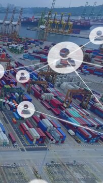 Vertical video: Profile icons emerging over port, linking cranes and stacks, showing logistics