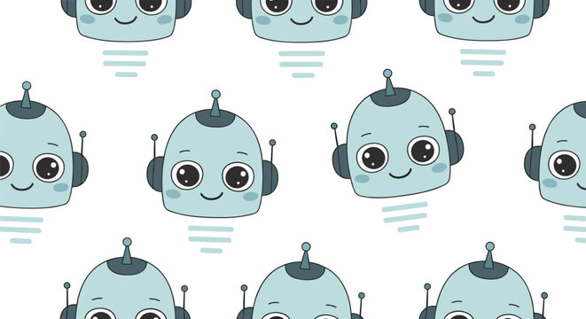 Cute seamless pattern featuring light blue friendly robot heads with antennas and happy facial expressions on white background.
