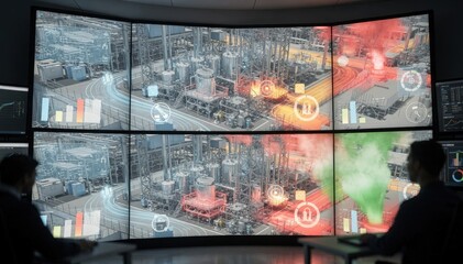 Medium shot of digital twin process simulation wall displaying virtual resin plant model focused on optimizing production throughput with interactive data charts. Medium shot