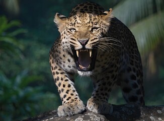 Naklejka premium Roaring Leopard with Fierce Predator Expression: close up of a roaring leopard showing sharp fangs, intense eyes, detailed spotted fur, dramatic lighting, blurred jungle background, wildlife photo
