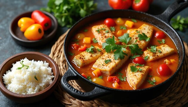 Moqueca Capixaba fish stew cooks in black pan with tomatoes bell peppers and parsley. Side of white rice in wooden bowl. Traditional Brazilian seafood dish.