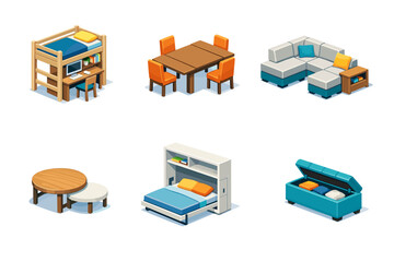 Multi-functional furniture. Isometric flat vector icons set of Multi-functional furniture: loft bed with desk underneath, expandable dining table, modular © Svitlana